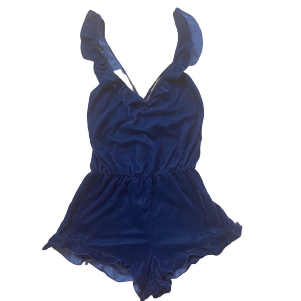 VICTORIAS SECRET Blue Velvety Ruffle Trim Romper